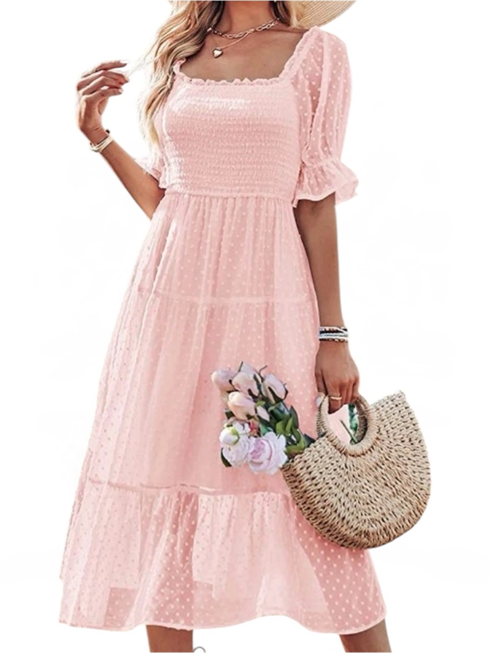 Medium Merokeety Square Neck Puff Sleeve Swiss Dot Midi Dress in Pink